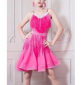 Custom size competition rhinestones latin dance dresses for girls kids salsa rumba cha cha bling tassels dance costumes